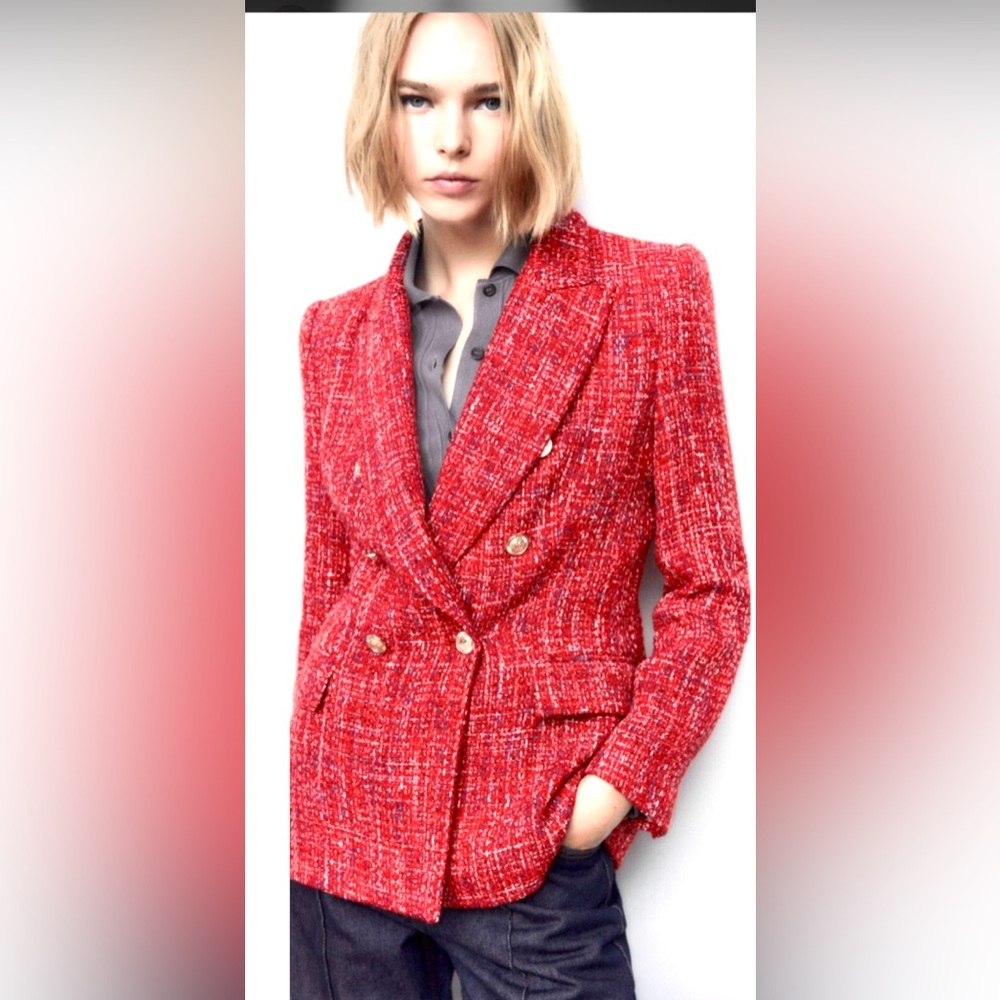 Red Double-Breasted Tweed Jacket - Women's Blazer
